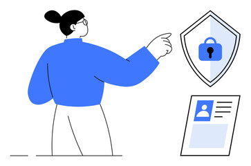 Individual pointing at a shield icon with a lock, signifying security and data protection, ID card showcased. Ideal for cybersecurity, identity protection, personal data safety, digital security