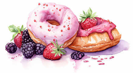 Watercolor illustration of donuts, pastries, and berries &ndash; sweet dessert art with choux pastry, pink frosted doughnut, blueberries, strawberries &ndash; bakery food illustration