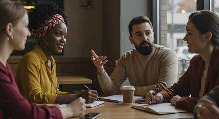 A diverse group collaborates over coffee, sharing innovative ideas in a relaxed business meeting.