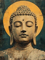 Serene Buddha portrait painting with golden halo
