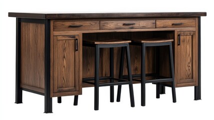 Stylish and Modern Wooden Kitchen Island with Two Bar Stools, Perfect for Entertaining in a Contemporary Culinary Space with Ample Storage Options