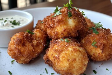 Spicy buttermilk fried cauliflower bites with dipping sauce and parsley garnish