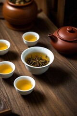 Fototapeta premium there are four cups of tea and a teapot on a table