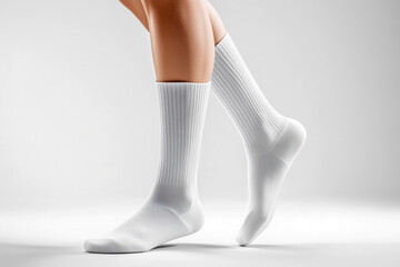Close-up of a pair of white crew socks on a person's legs, against a white background with studio lighting.