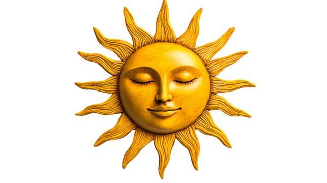 Sun face, closed eyes, radiant yellow rays, mythology, astrology, cut out transparent