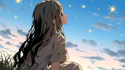 Fototapeta premium Young Woman Gazing at the Starry Night Sky Dreaming Under Twilight's Embrace