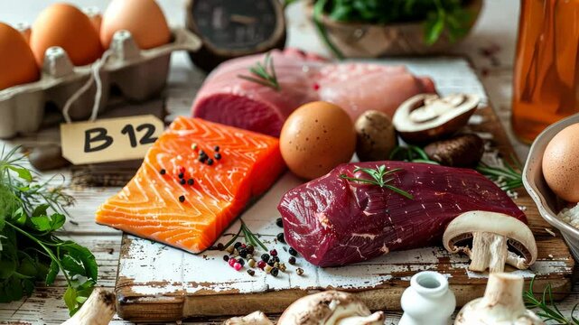 The products contain vitamin B12. Selective focus. food.