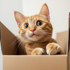 Funny ginger cat looks out of the box 