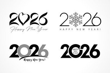 Big set of 2026 logo text design with heart, snowflake and simple symbols. Horizontal number template for Happy New Year 2026 cards or calendar covers. Vector illustration