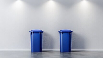 Two blue trash bins positioned side by side in a clean, modern interior space with soft lighting and a minimalist aesthetic, ideal for waste management concepts