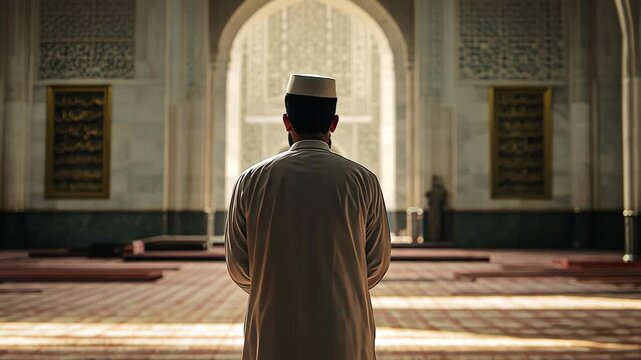 A religious Muslim man in thobe standing and performing salah namaz prayer inside the mosque