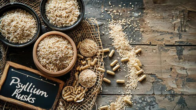 Psyllium husks in powder and capsules. Selective focus. food.