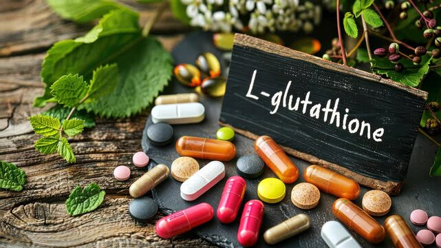 L-glutathione capsules supplements on the table. Selective focus. supplement