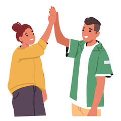 Teenage girl and boy cartoon characters greeting each other giving high-five isolated on white