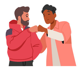 Male best friends characters greeting each other gesturing fist bump symbol of courage and respect