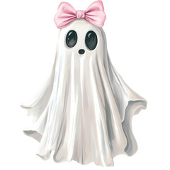 A spooky Halloween ghost with a pink ribbon bow isolated
