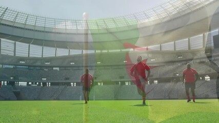 In stadium, rugby players running on field with Algerian flag animation overlay - Powered by Adobe