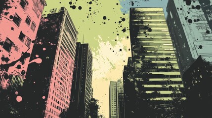 Urban Cityscape with Abstract Art Elements Depicting Tall Buildings, Colorful Splashes, and a Dramatic Sky Creating a Unique Visual Experience for Architects and Designers