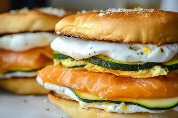 Sandwiches with zucchini, greek yogurt, egg, salmon close up. Diet, superfood concept