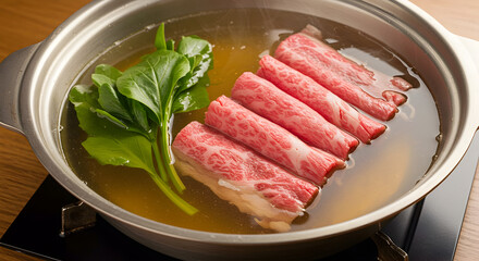Fototapeta premium Authentic Japanese Shabushabu: Thinly Sliced Meat Simmering in Kombu Broth