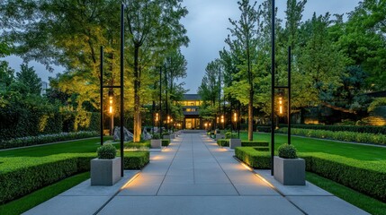 Naklejka premium Elegant walkway, landscaped gardens, modern home, twilight ambiance