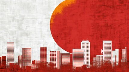 Urban skyline silhouette against a textured background resembling the Japanese flag with a bold red circle and subtle white tones for a modern artistic representation.