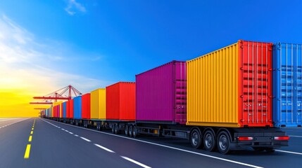 Obraz premium Colorful Container Trucks on Highway at Sunset