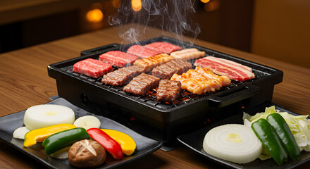 Authentic Japanese Yakiniku Experience: Grilling Premium Meats and Fresh Vegetables