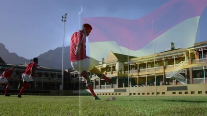 Practicing rugby on field, players with German flag animation in background - Powered by Adobe