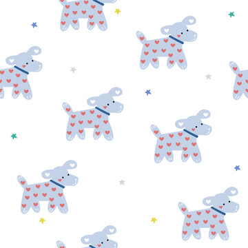 Funny cartoon puppies seamless pattern. Vector hand drawn illustration.