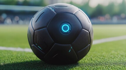 Naklejka premium An innovative futuristic soccer ball rests on green grass