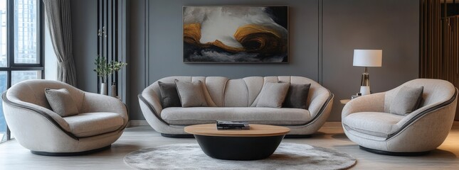 Elegant modern living room interior with beige sofa, armchairs, wooden coffee table, and abstract artwork.
