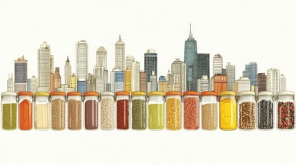 Urban Skyline with Colorful Spice Jars in Foreground, Blending Nature and City Life, Showcasing Symmetry and Texture in a Unique Composition of City and Flavors
