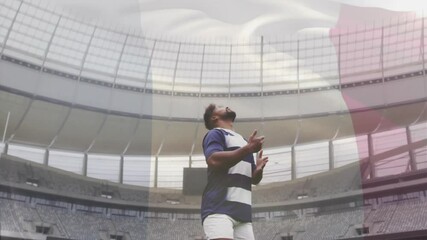 Catching rugby ball, player in striped jersey in large stadium during animation - Powered by Adobe