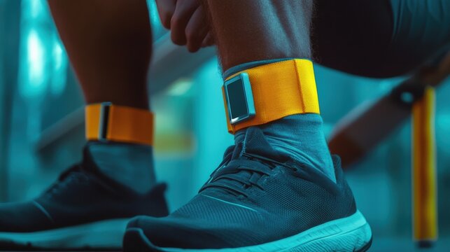 A person wears ankle bands and athletic shoes indoors today