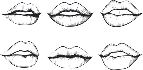 Set of six hand drawn lips 
