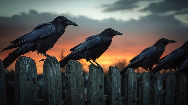 A group of crows perched on a rustic wooden fence, moody twilight sky behind them