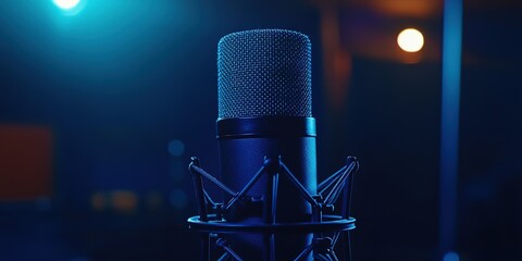Podcasting Microphone with sound waves on blue background, representing podcasting and audio recording in a studio setting. Web banner with copy space, 8k image