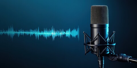 Microphone with sound waves on a blue background, representing podcasting and audio recording in a studio setting. Web banner with copy space on the right, Full 32k