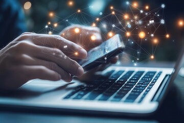 Man Holding Mobile Phone with Network Connections over Laptop Computer Closeup