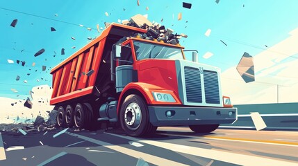 Vibrant and Dynamic Illustration of a Dump Truck in Motion, Conveying Movement and Construction Themes with Flying Debris and Bright Colors