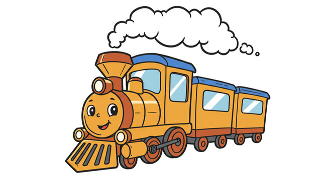 A cheerful cartoon train embarking on a whimsical journey, puffing white smoke with bright orange and blue colors.
