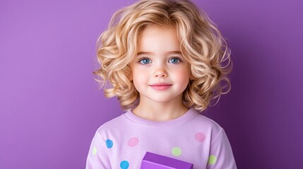 Fototapeta premium Adorable Little Girl with Curly Blonde Hair and Blue Eyes