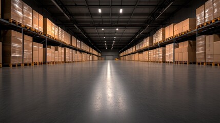Fototapeta premium Vast Warehouse Interior with Rows of Pallets and Cardboard Boxes