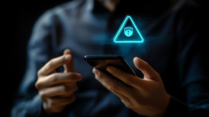 Man Holding Smartphone with Glowing Alert Triangle Icon on Screen in Dark Lighting