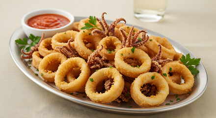 Golden Crispy Calamari Rings Served on Platter with Marinara Sauce and Parsley