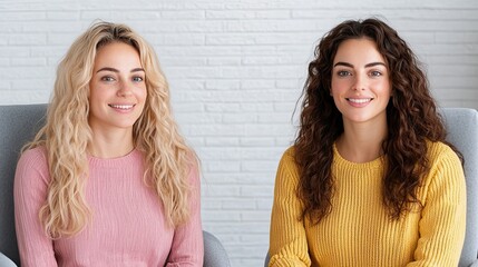 World Suicide Prevention Day awareness, Two smiling women sitting in cozy chairs, showcasing friendship. mental health awareness icon, suicide prevention hotline