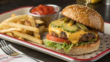 "Juicy beef patty with American cheese, pickles, and special sauce oozing from a toasted sesame bun. Served with golden fries on a retro diner tray."