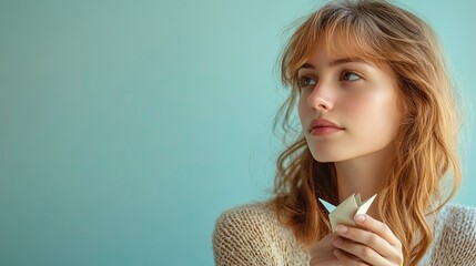 A woman holds a handmade paper airplane against a light blue background. The scene invites space for personalized text, focusing on the simplicity of the craft.