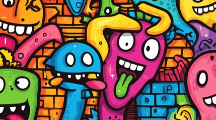 Obraz premium Vibrant and Playful Cartoon Monsters Illustration on a Colorful Background, Perfect for Lighthearted Designs, Kids' Art or Fun Projects, Radiating Joy and Creativity